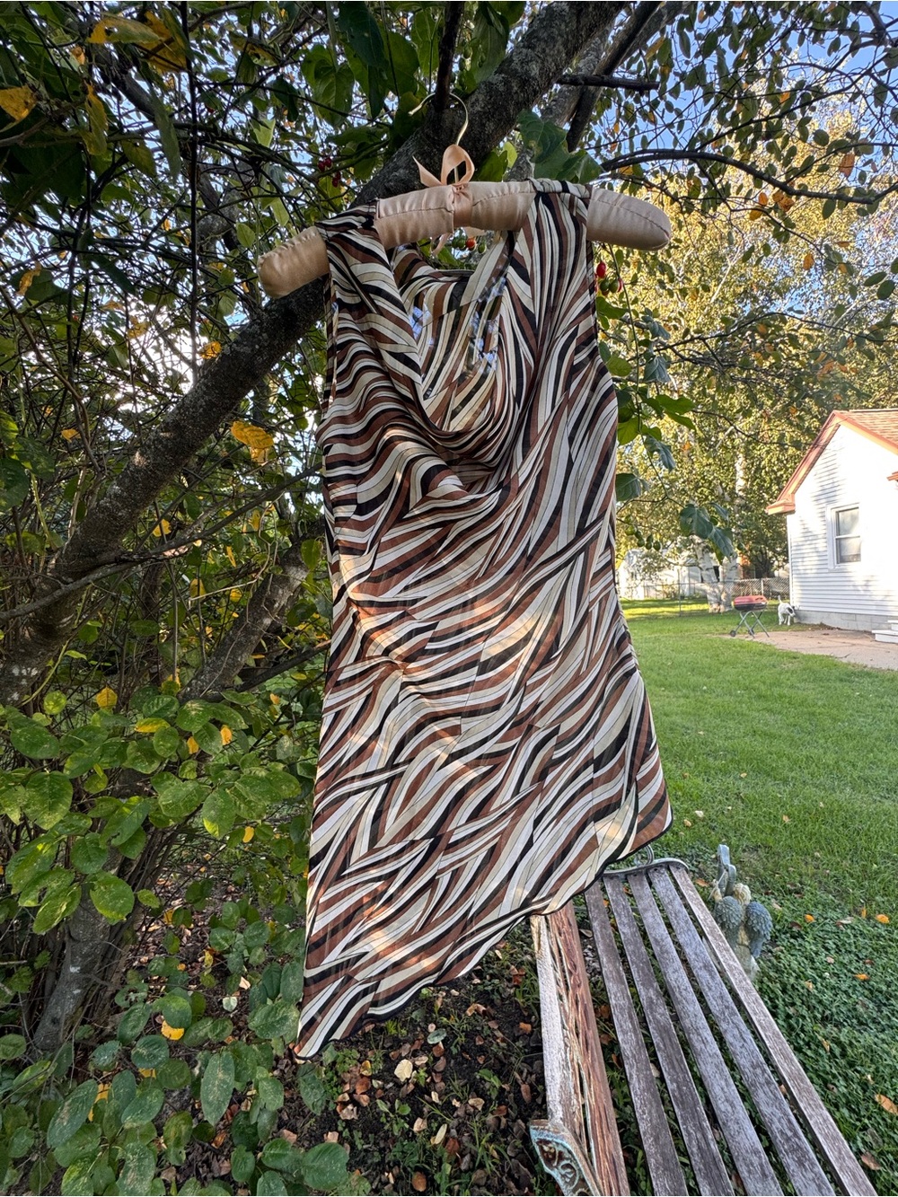 A. Byer Sleeveless Asymmetrical Dress in Brown, Cream & Black Wave Print
